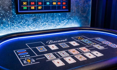 Baccarat-Tisch mit Karten und Roadmap-Scoreboard in blauer Neon-Beleuchtung bei Casea
