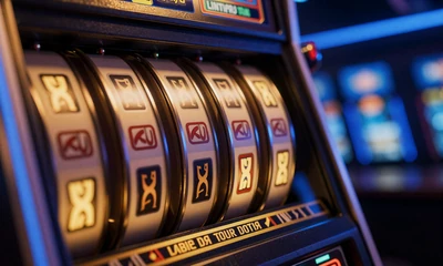 Goldene Slot-Walzen mit leuchtenden Symbolen in blauer Neon-Beleuchtung bei Casea Casino