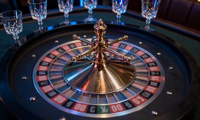Rouletterad in Bewegung mit blauer Ambient-Beleuchtung im Premium Live Casino von Casea