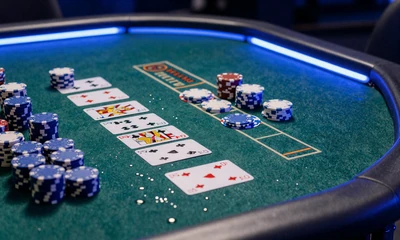 Live Blackjack VIP-Tisch mit hochwertigen Chips und Karten in blau beleuchteter Casino-Atmosph&auml;re