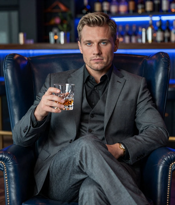 VIP-Gast in Ma&szlig;anzug mit Kristallglas in blau lederner Lounge im Casea VIP Club Bereich
