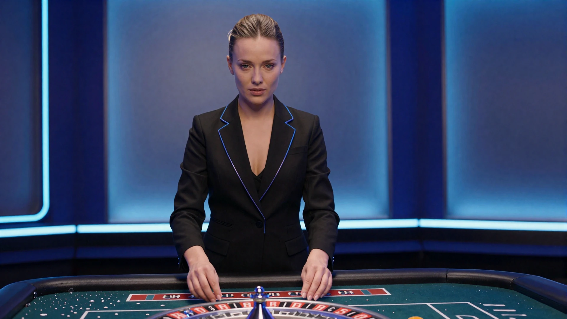 Casea Live Casino Croupier an Roulette-Tisch in blau beleuchtetem Premium-Studio mit Neon-Akzenten