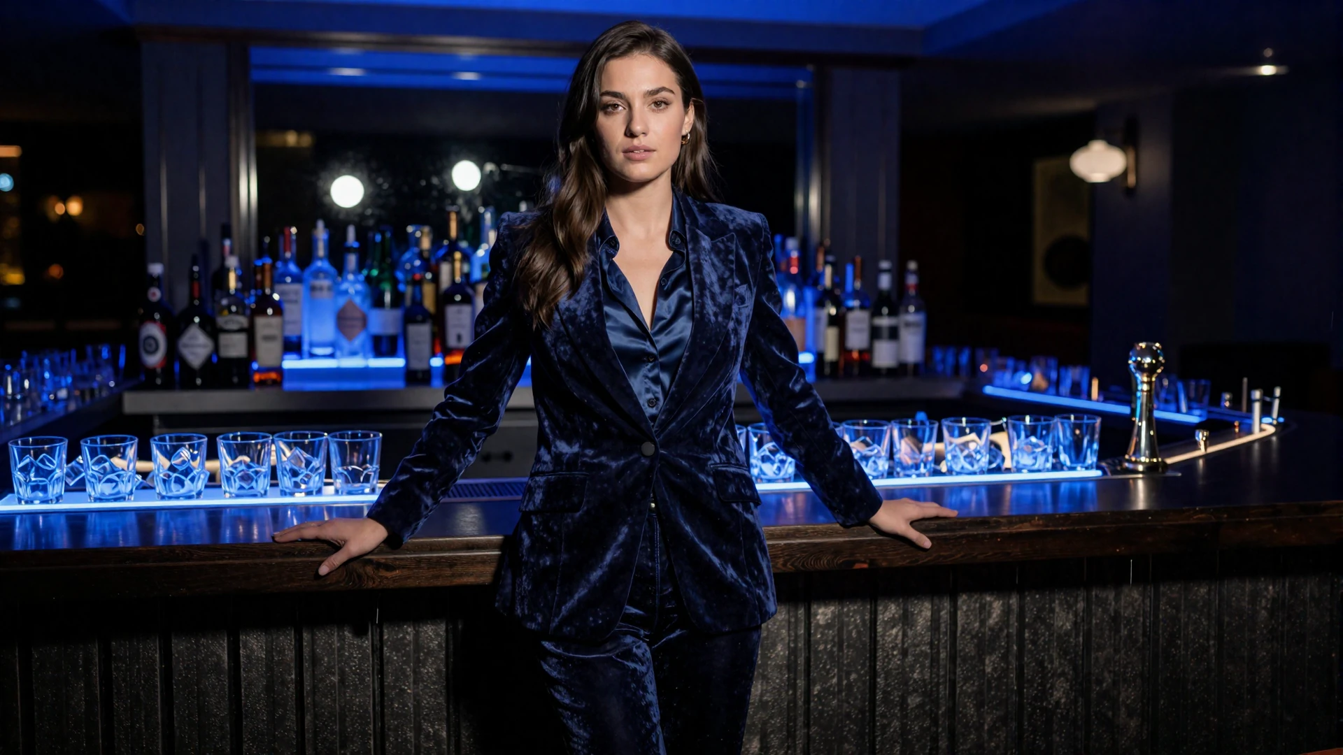 Casea Casino Premium Cocktail Lounge mit Modell hinter Bartheke in blauer Neon-Beleuchtung und Abendatmosph&auml;re