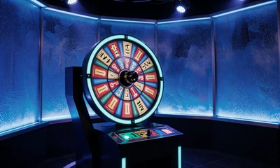 Crazy Time Gl&uuml;cksrad in Bewegung mit blauen Neon-Lichtern im Casea Game Show Studio