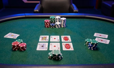 Blackjack-Tisch aus Spielersicht mit Chips und Karten in blau beleuchteter Casino-Atmosph&auml;re bei Casea